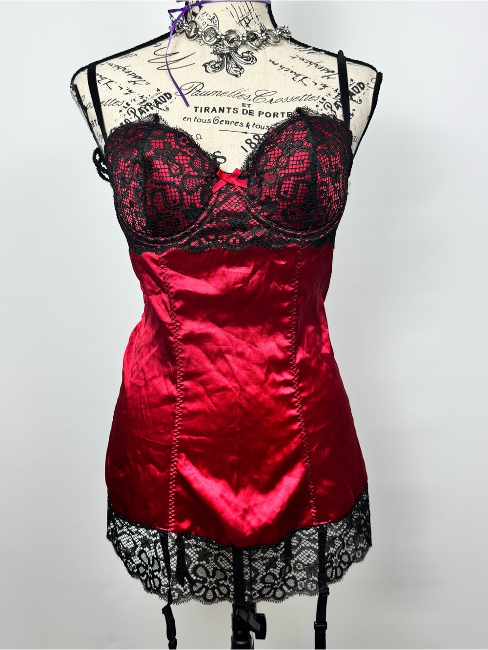 Frederick's of Hollywood Red Satin Chemise with Black Lace